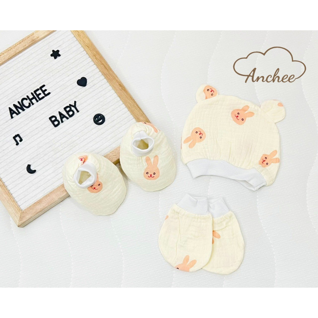 Bao tay sơ sinh - Set mũ, bao tay, bao chân Anchee cho bé sơ sinh chất liệu vải xô muxsslin,100% cotton mềm mại BOLYN