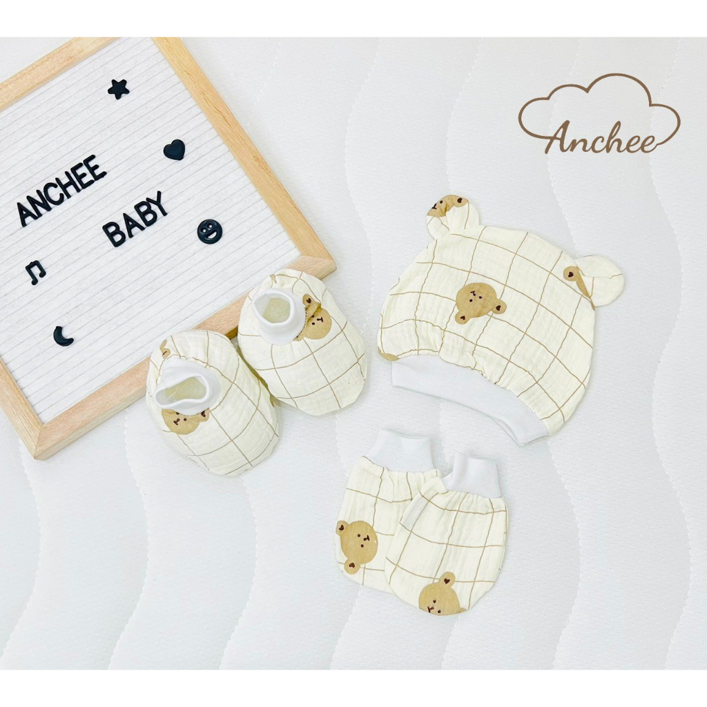 Bao tay sơ sinh - Set mũ, bao tay, bao chân Anchee cho bé sơ sinh chất liệu vải xô muxsslin,100% cotton mềm mại BOLYN