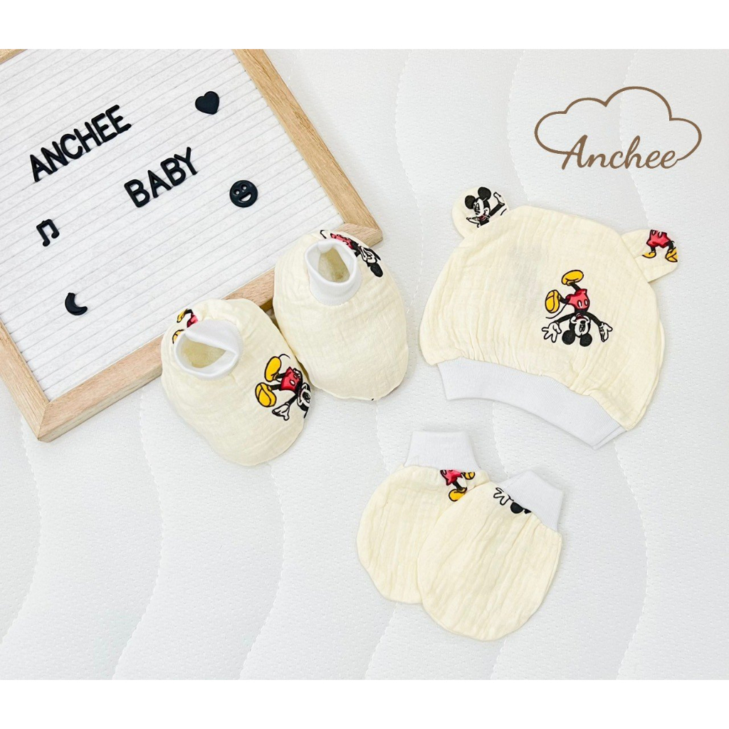 Bao tay sơ sinh - Set mũ, bao tay, bao chân Anchee cho bé sơ sinh chất liệu vải xô muxsslin,100% cotton mềm mại BOLYN