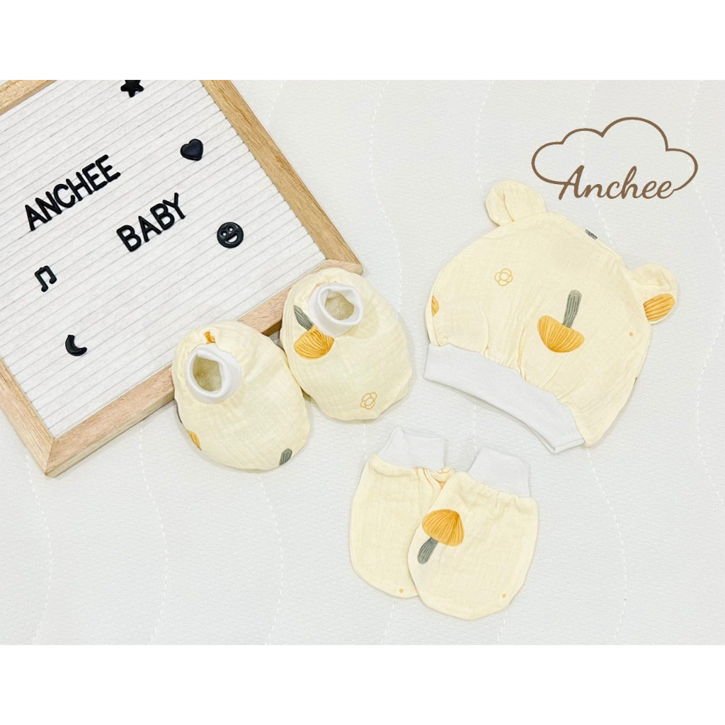 Bao tay sơ sinh - Set mũ, bao tay, bao chân Anchee cho bé sơ sinh chất liệu vải xô muxsslin,100% cotton mềm mại BOLYN