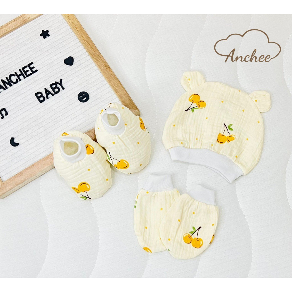 Bao tay sơ sinh - Set mũ, bao tay, bao chân Anchee cho bé sơ sinh chất liệu vải xô muxsslin,100% cotton mềm mại BOLYN