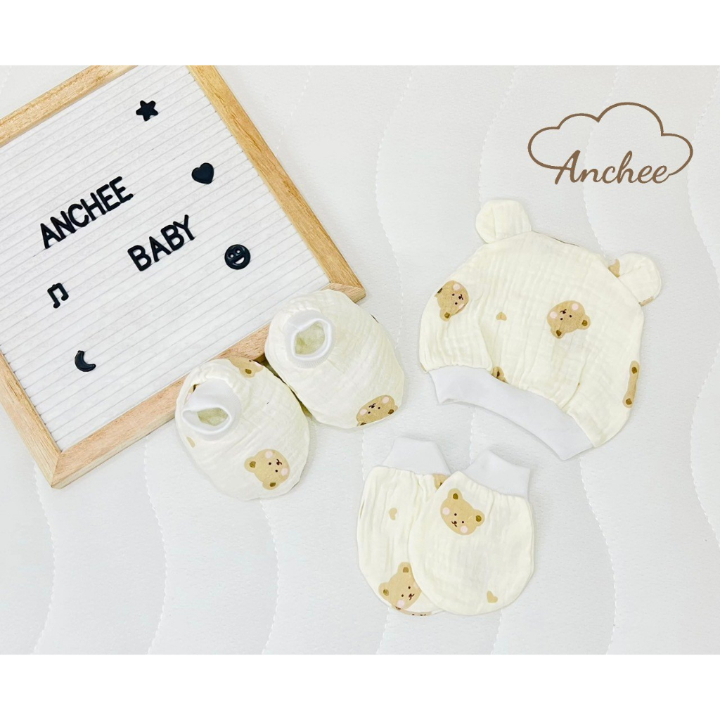 Bao tay sơ sinh - Set mũ, bao tay, bao chân Anchee cho bé sơ sinh chất liệu vải xô muxsslin,100% cotton mềm mại BOLYN