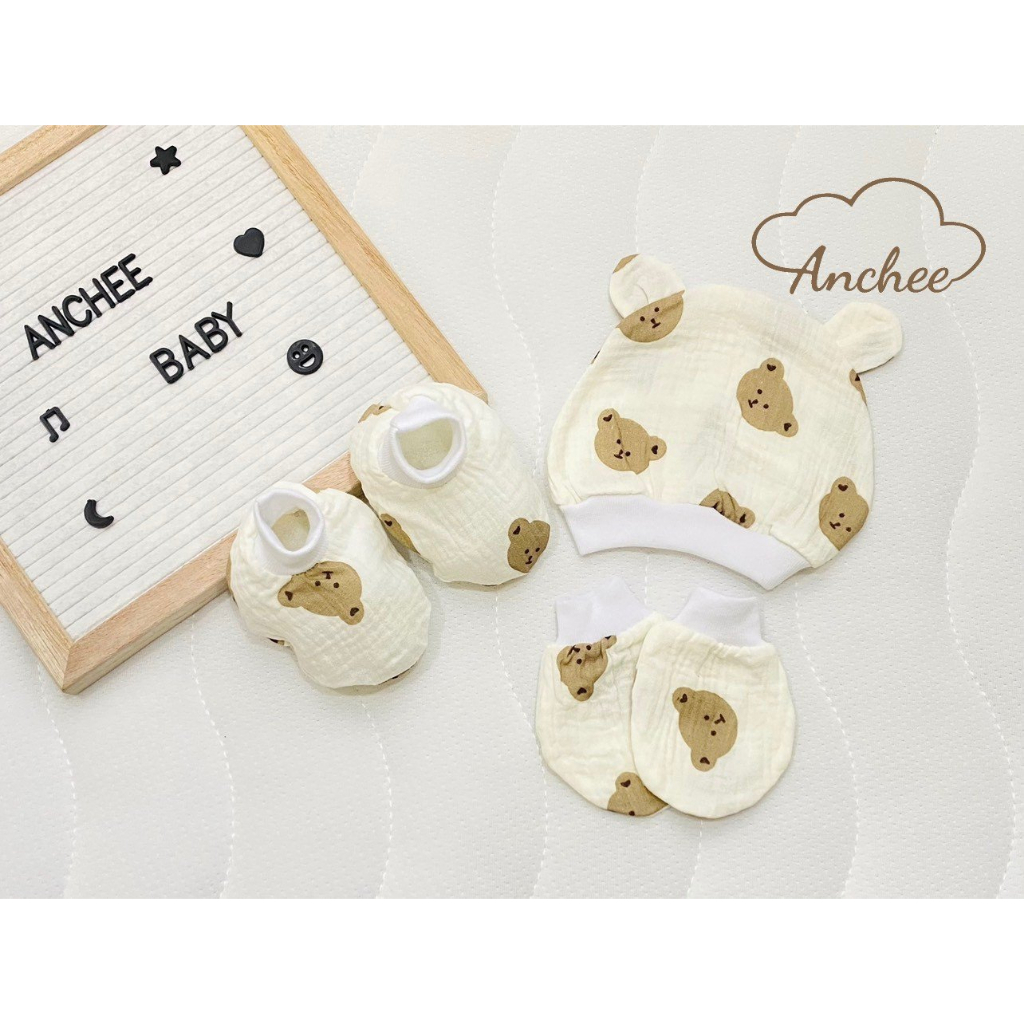 Bao tay sơ sinh - Set mũ, bao tay, bao chân Anchee cho bé sơ sinh chất liệu vải xô muxsslin,100% cotton mềm mại BOLYN