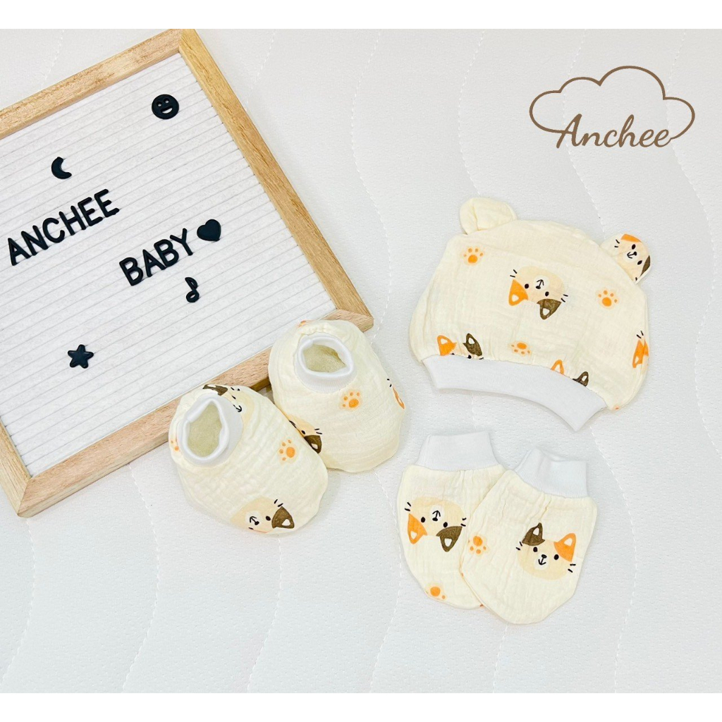 Bao tay sơ sinh - Set mũ, bao tay, bao chân Anchee cho bé sơ sinh chất liệu vải xô muxsslin,100% cotton mềm mại BOLYN