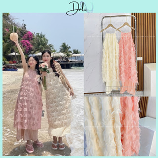 Đầm Maxi Cổ Yếm Lông Vũ Dáng Xuông 2 Lớp, Váy Thiết Kế Dự Tiệc Bánh Bèo