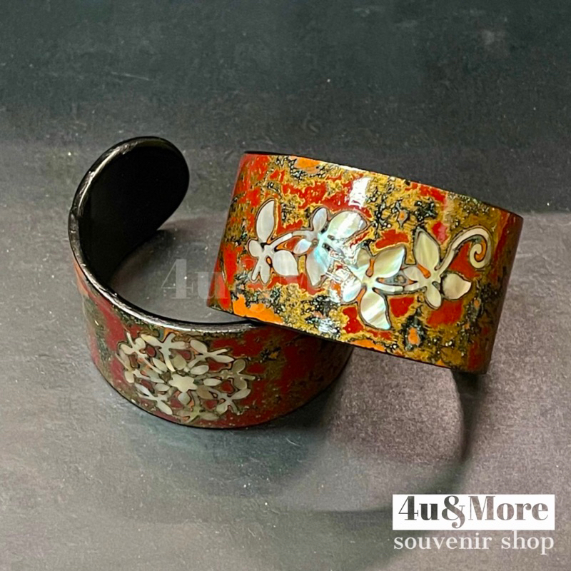 Vòng tay sừng trâu sơn mài khảm trai hoạ tiết bản to freesize