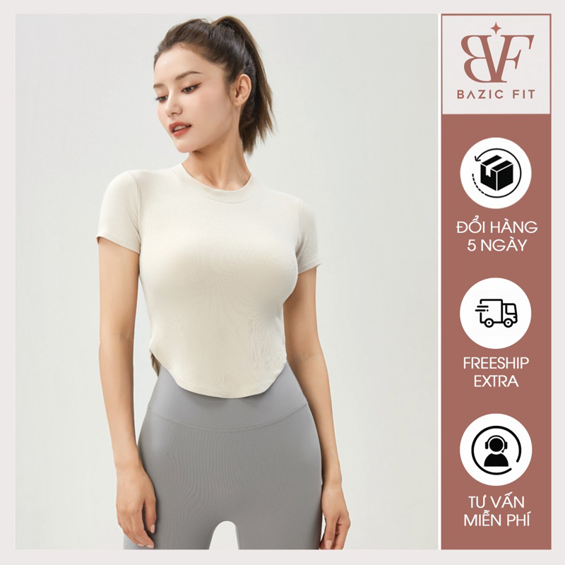 Áo tập croptop đuôi tôm Bazic_fit áo ngắn tay đuôi tôm chất thun gân mềm thấm hút mồ hôi có kèm sẵn mút tiện lợi