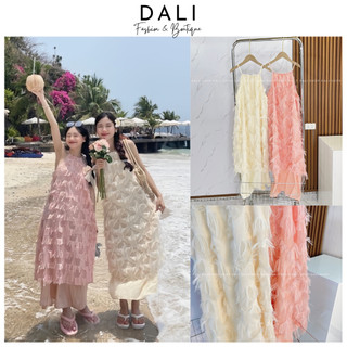 Váy Maxi Cổ Yếm Lông Vũ Dáng Xuông 2 Lớp, Đầm Thiết Kế Dự Tiệc Bánh Bèo
