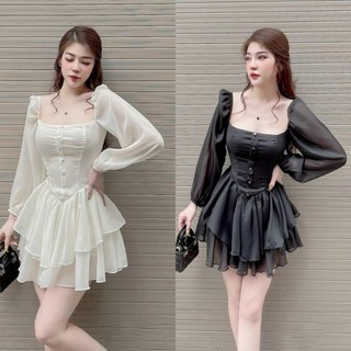 Đầm voan tơ tay dài tầng phối nút ( có quần trong )