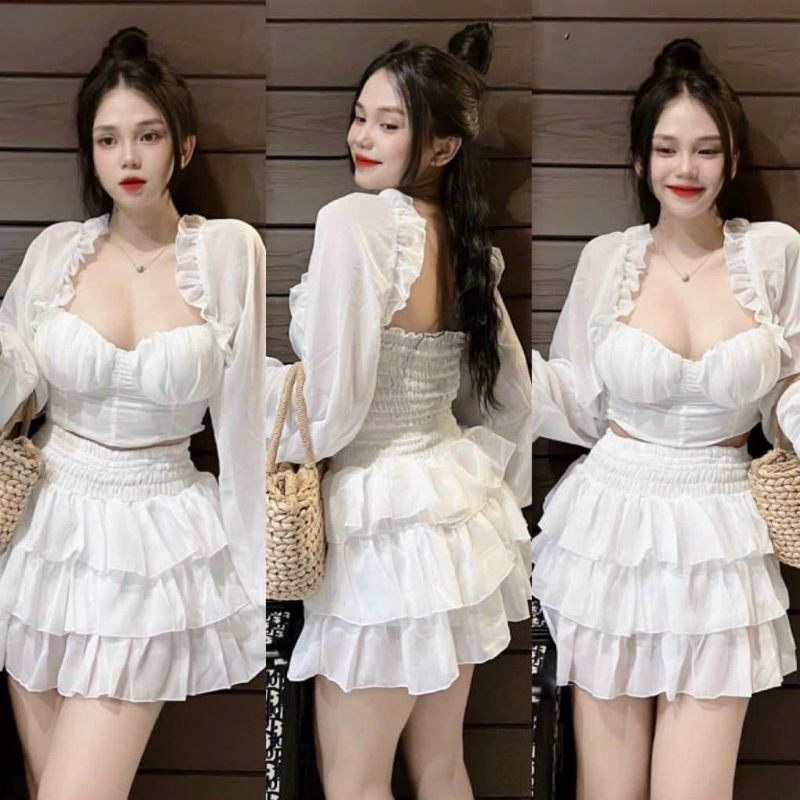Set váy voan tầng tay dài phối bèo