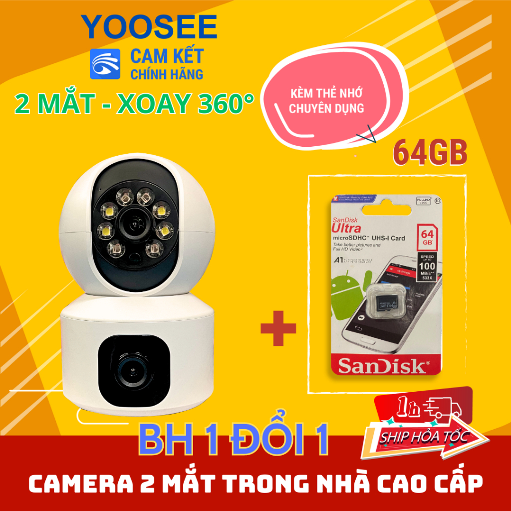 (BH 1 đổi 1) Combo camera YOOSEE không râu 2 MẮT mới nhất kèm thẻ nhớ 64Gb chuyên dụng - model 2023