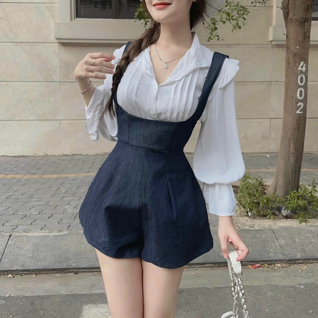 Set yếm hai dây kèm áo sơ mi trắng bèo tiểu thư siêu xinh chuẩn hotgirl thời trang nữ MOON