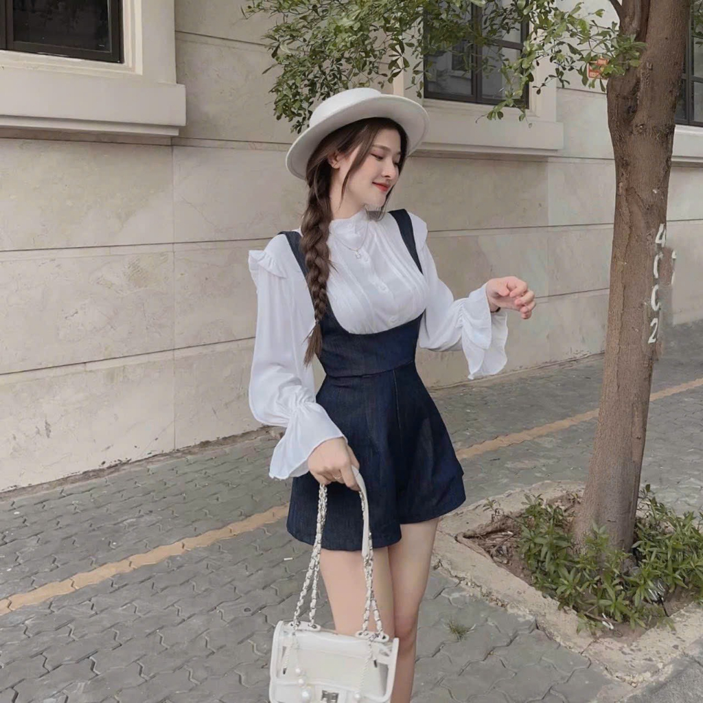 Set yếm hai dây kèm áo sơ mi trắng bèo tiểu thư siêu xinh chuẩn hotgirl thời trang nữ MOON