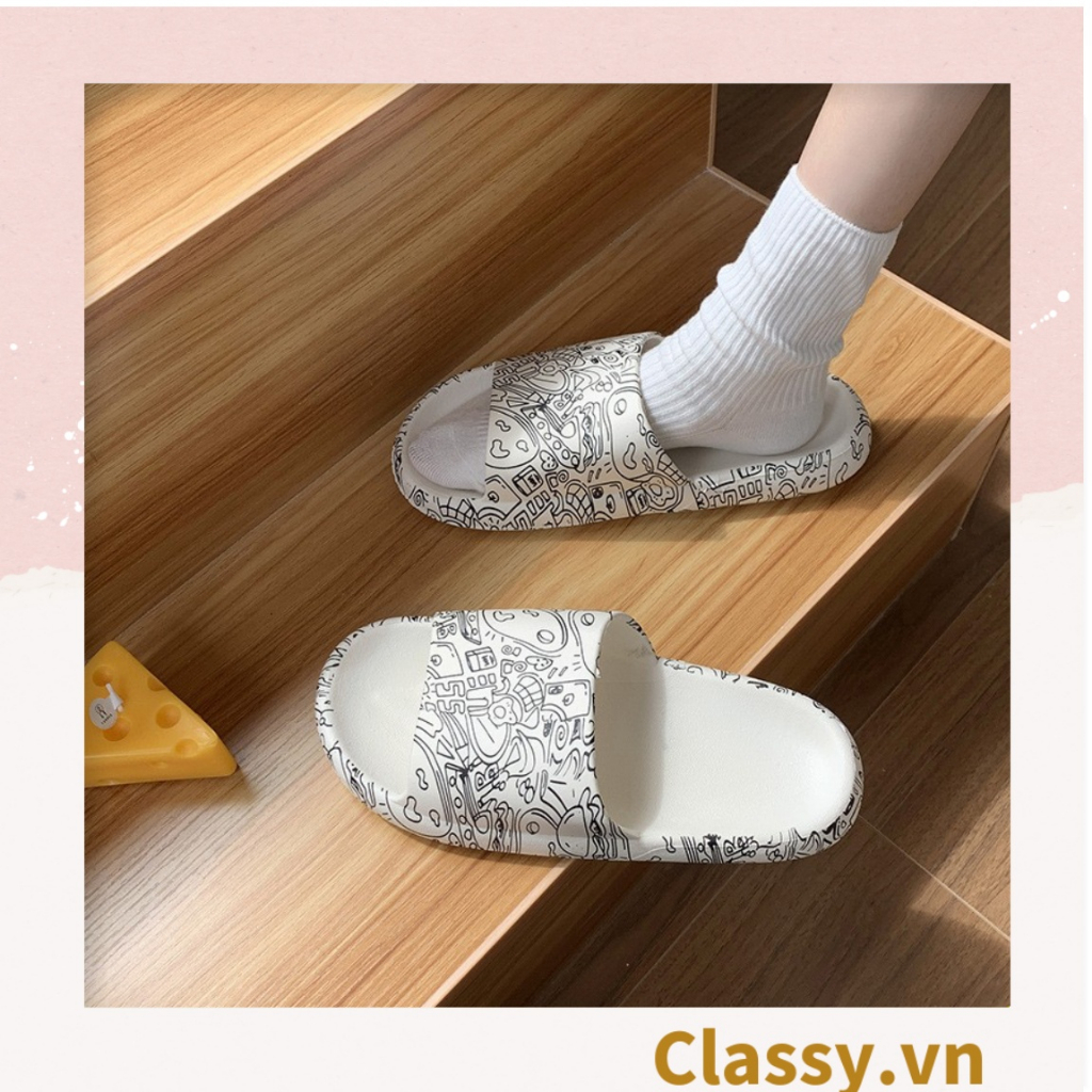Dép nam nữ quai ngang đế dày Classy chất liệu PVC, họa tiết graffiti dễ thương thích hợp mang trong nhà ngoài trời G1076