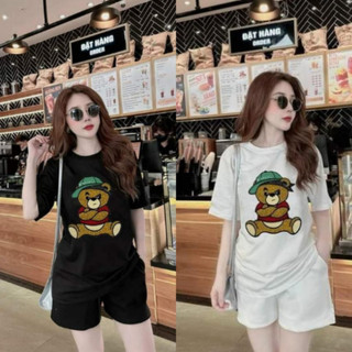 Set bộ đùi chất cotton su phom rộng mặc nhà cho nữ rẻ đẹp đơn giản mùa hè bigsize 40-75kg- in gấu đội mũ