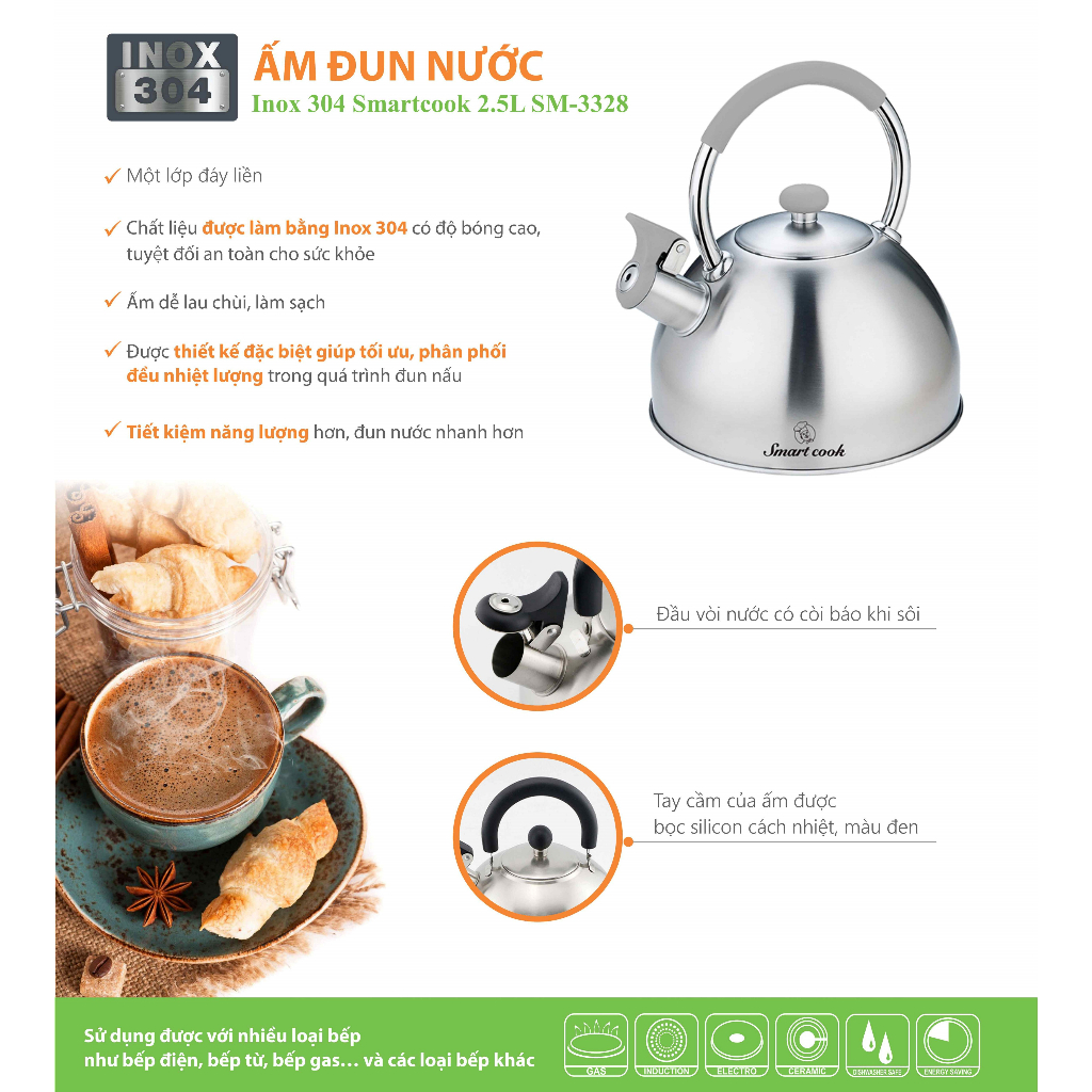 Ấm Siêu Tốc INOX 304 Elmich Smartcook SM-3328  - Hàng Chính Hãng