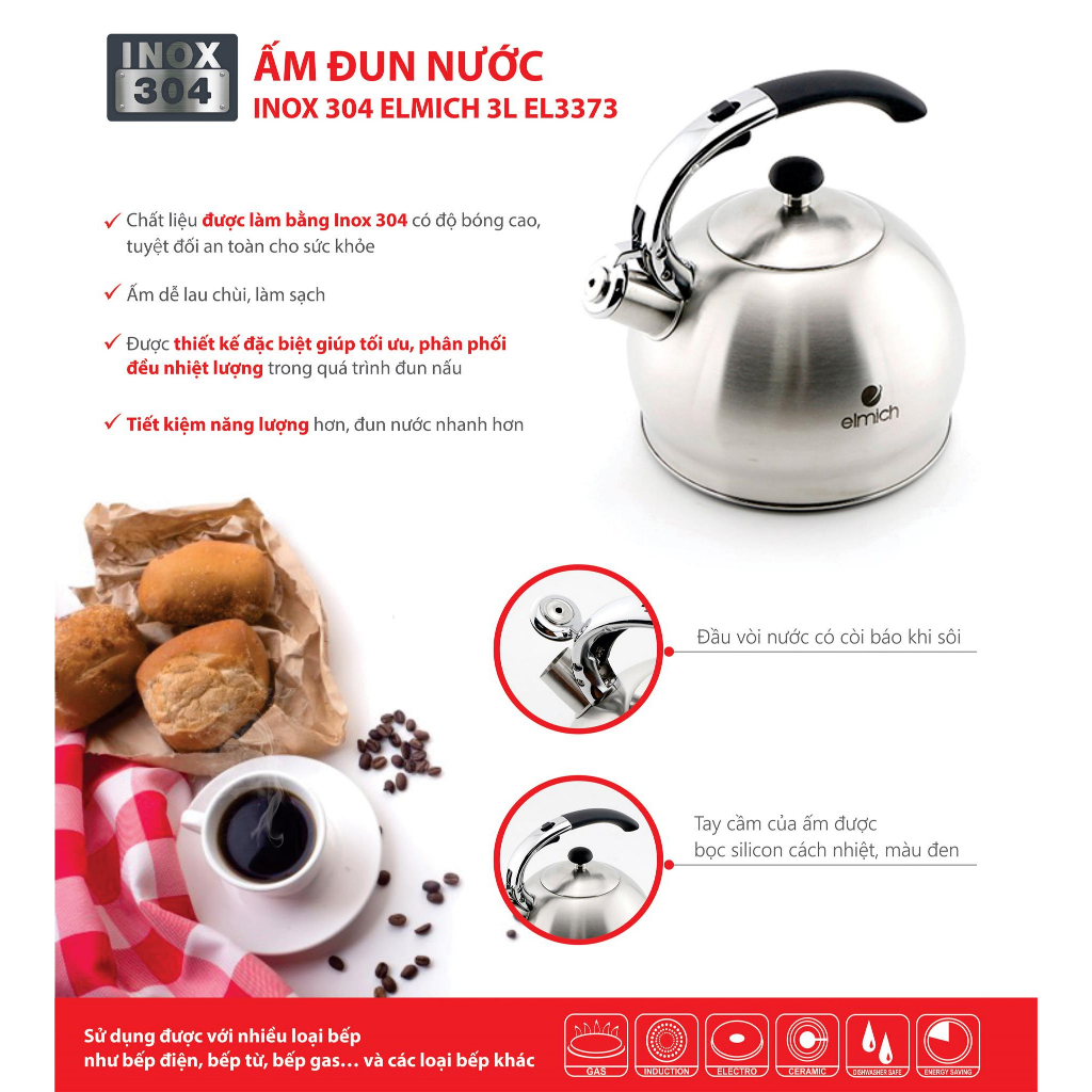 Ấm Siêu Tốc INOX 304 3 Lớp Đáy Từ Elmich EL-3373  - Hàng Chính Hãng