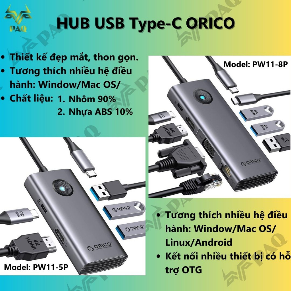 HUB USB Type-C cho Macbook/Laptop sang HDMI 4K Orico PW11-5p / PW11-8P