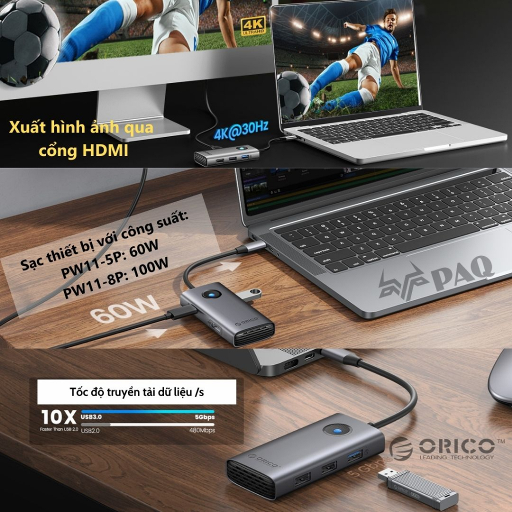 HUB USB Type-C cho Macbook/Laptop sang HDMI 4K Orico PW11-5p / PW11-8P