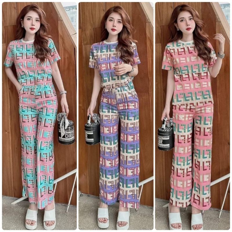Set Bộ Thun Lạnh Quần Ống Suông In 3D Kí Tự Phối Màu
