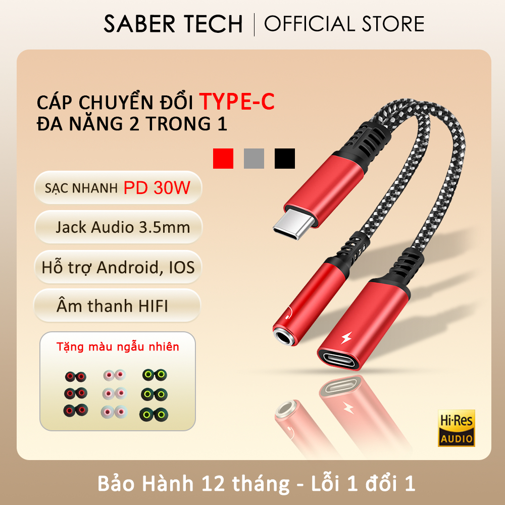 Jack chuyển đổi hai đầu từ type C sang tai nghe 3.5mm và type C sạc nhanh 30W hỗ trợ mic cho điện thoạị android.
