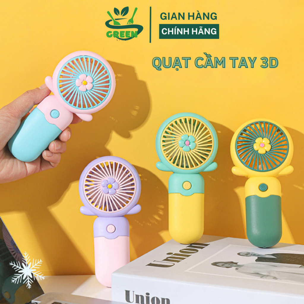 Quạt cầm tay mini sạc pin USB tích điện 3 cấp độ gió dung lượng pin 1200mAh thiết kế hình in 3d đẹp, bảo hành 6 tháng