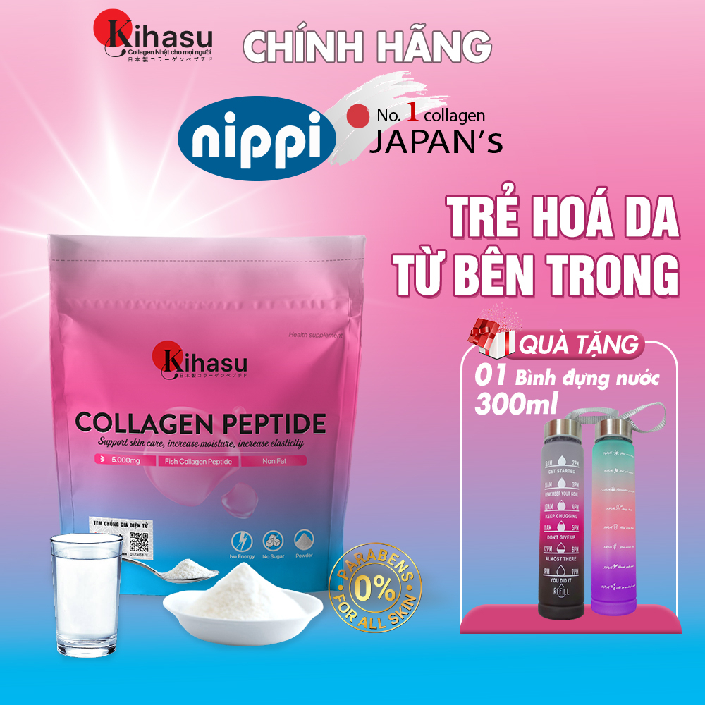 Bột collagen peptide kihasu Nippi Nhật Bản 110g: hỗ trợ trẻ hoá, cấp ẩm, tăng sinh collagen: pha nước, cho vào thức ăn