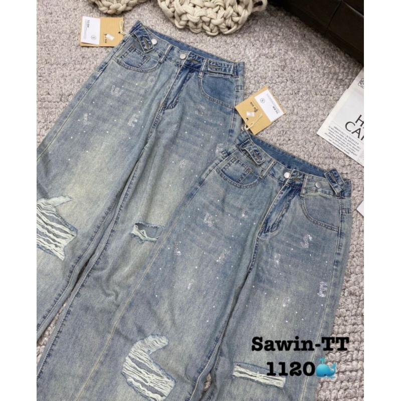 Quần jeans suông rách chữ đá hàng QCL1