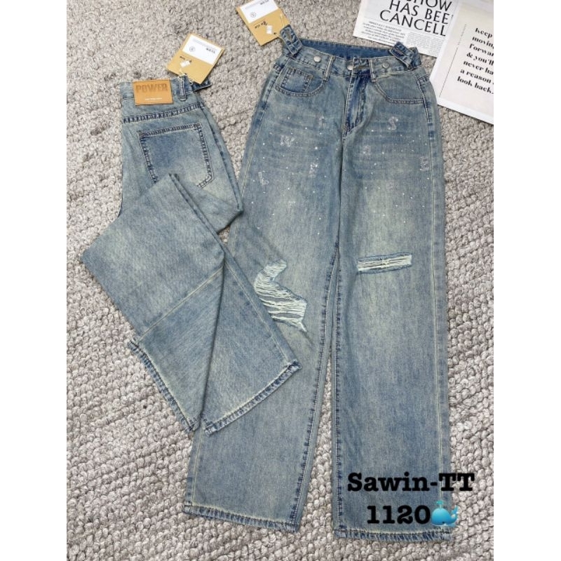 Quần jeans suông rách chữ đá hàng QCL1