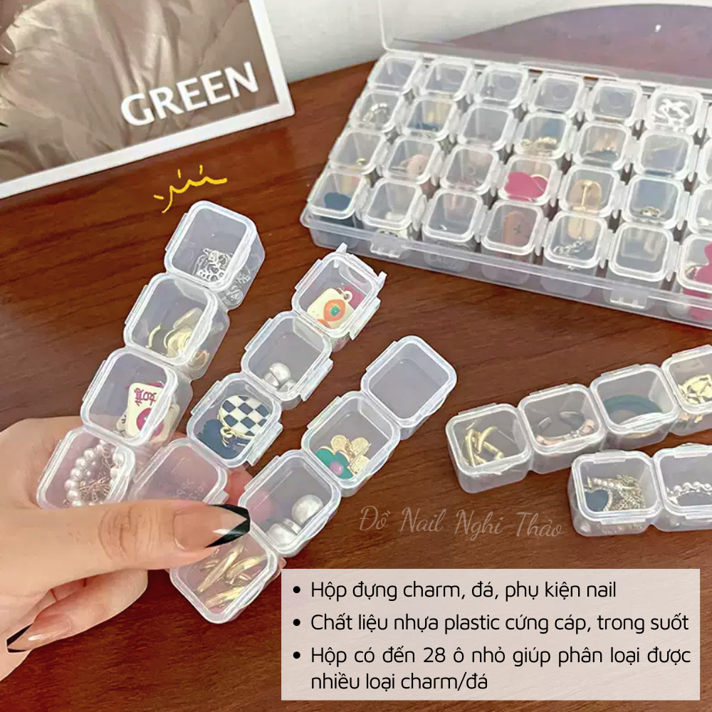 Hộp đựng phụ kiện nail 28 ô trong suốt có nắp bật NGHI THẢO