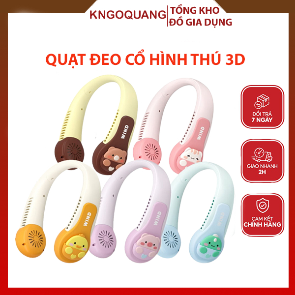 Quạt Đeo Cổ Hình Thú 3D, Quạt Mini không cánh Sạc Tích Điện Dụng Lượng Pin 4000mAH 3 Cấp Độ Gió Quạt Mát Không Ồn