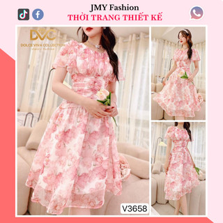 V3658, V285 Váy voan hoa hồng nhún eo tiểu thư váy đầm voan xoè hồng xếp ly ngực