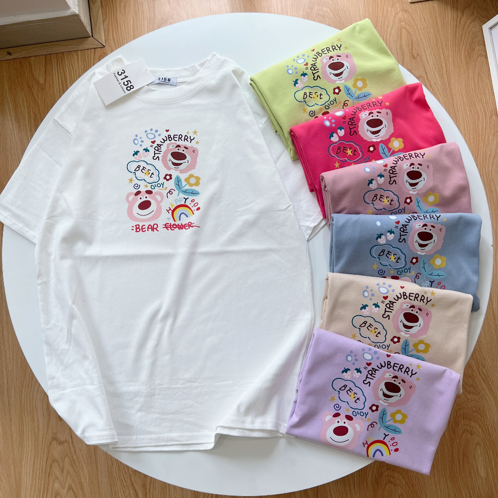Áo thun form rộng 3158 mẫu "Gấu hồng bear flowew" áo thun unisex nam nữ