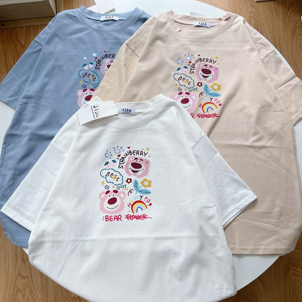 Áo thun form rộng 3158 mẫu "Gấu hồng bear flowew" áo thun unisex nam nữ