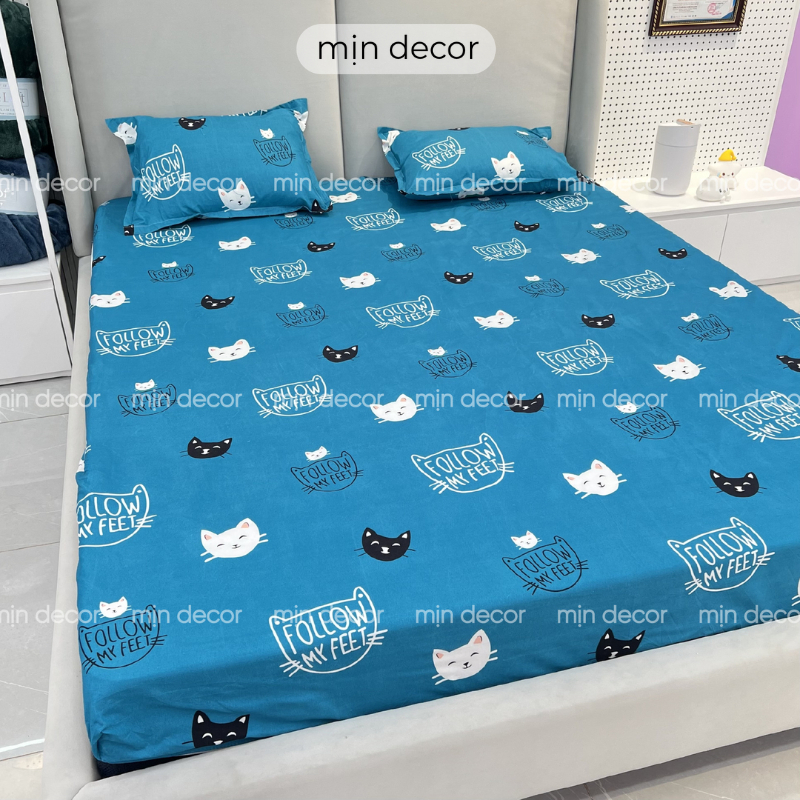 Bộ ga gối cotton 3D mềm mại MỊN DECOR bo chun miễn phí, dra giường 2 áo gối cotton poly