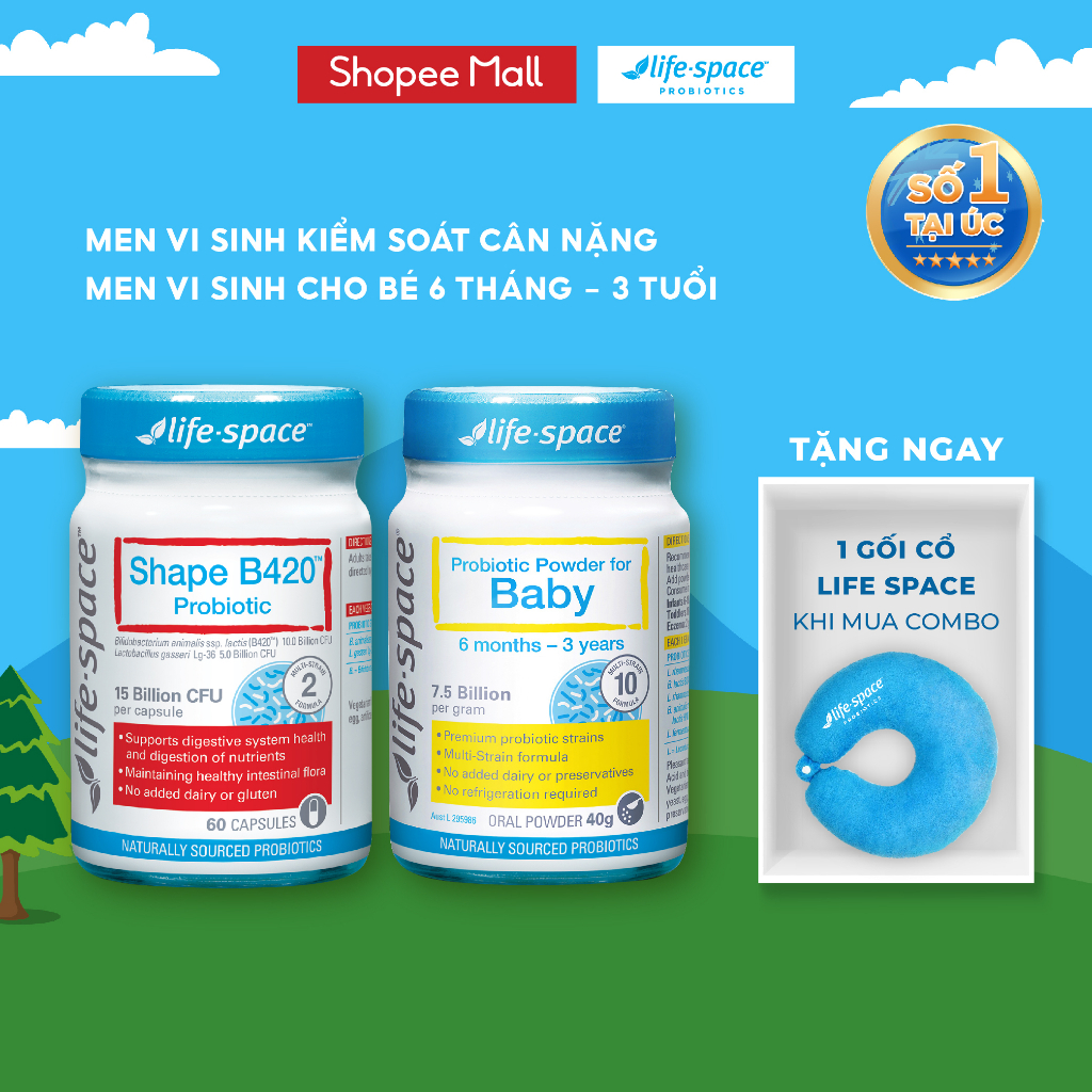 Combo Men vi sinh Life Space Shape B420 Probiotic 60v & Probiotic Powder For Baby hỗ trợ tiêu hóa cho bé 6m-3yrs 40g