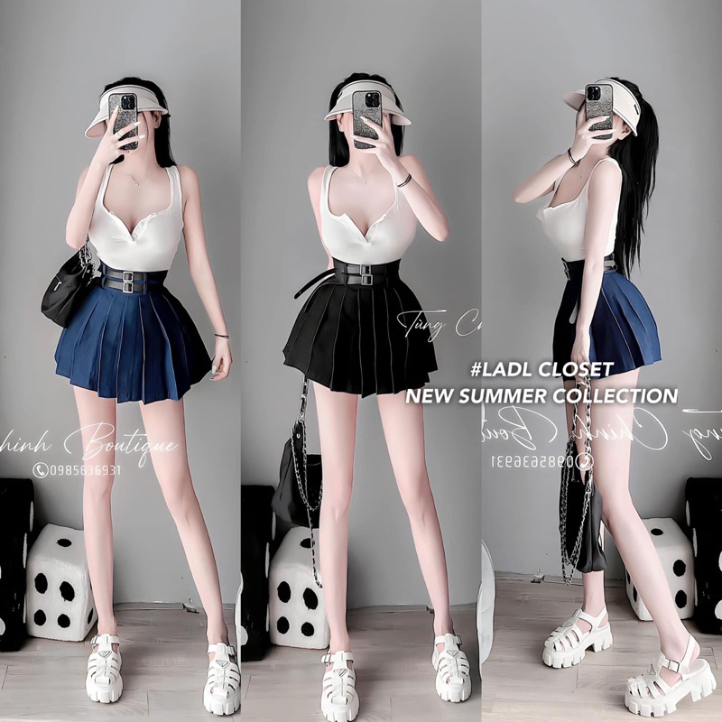 Đầm nữ áo 3 lỗ chân váy xếp ly kèm đai lưng