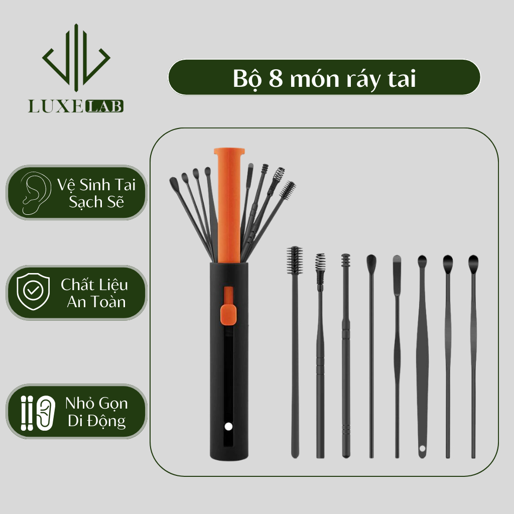 Bộ 8 Dụng Cụ Lấy Ráy Tai, Vệ Sinh Đa Năng Bằng Thép Không Gỉ Hộp Kéo Đẩy LUXELAB 11908