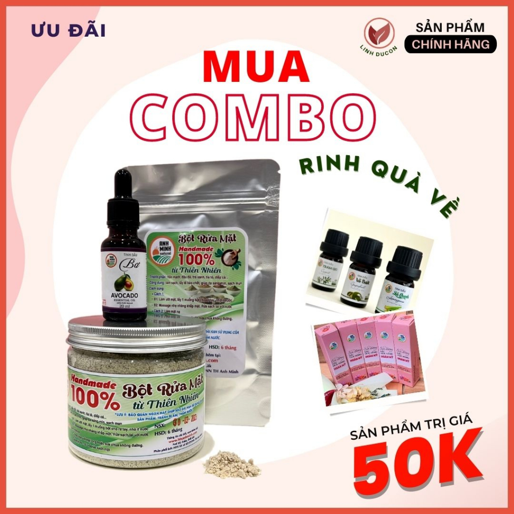 Combo Bột Rửa Mặt Ngăn Ngừa Mụn, tẩy tế bào chết và Tinh Dầu Bơ Nguyên Chất dưỡng ẩm, chăm sóc da | Linhducon | 26