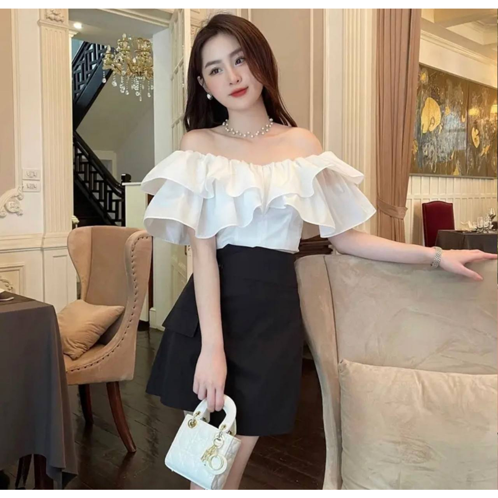 Áo Croptop Bèo Ngực 2 Tầng Dây Kéo Đồng MAMI màu Đen - Áo nữ hở vai thiết kế dạo phố ôm dáng sang trọng TN1350
