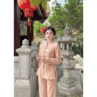 Bộ đồ lam đi chùa lụa cổ v đứng cúc tàu thêu sen ,bộ phật tử pháp phục đi chùa tay dài cao cấp pt056