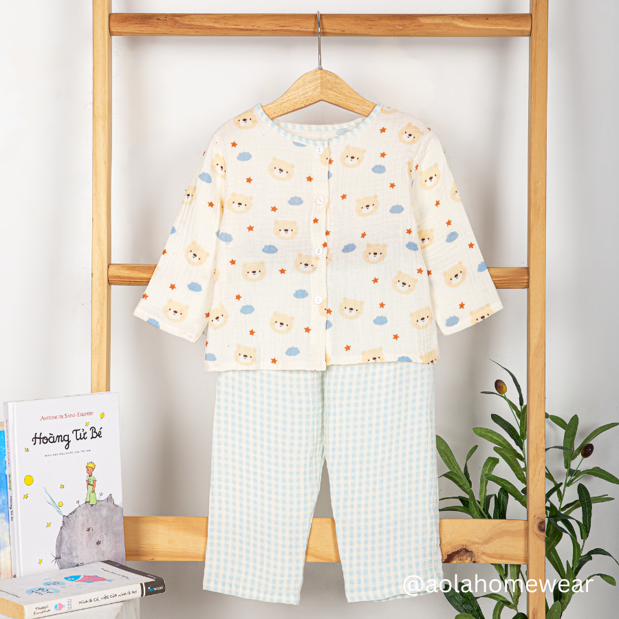 Pijama bé trai bé gái dài tay mặc ngủ điều hòa vải xô muslin Áo Lá Homewear A045, đồ bộ xô cho bé