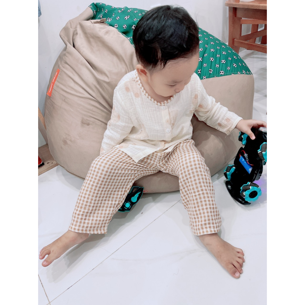 Pijama bé trai bé gái dài tay mặc ngủ điều hòa vải xô muslin Áo Lá Homewear A045, đồ bộ xô cho bé