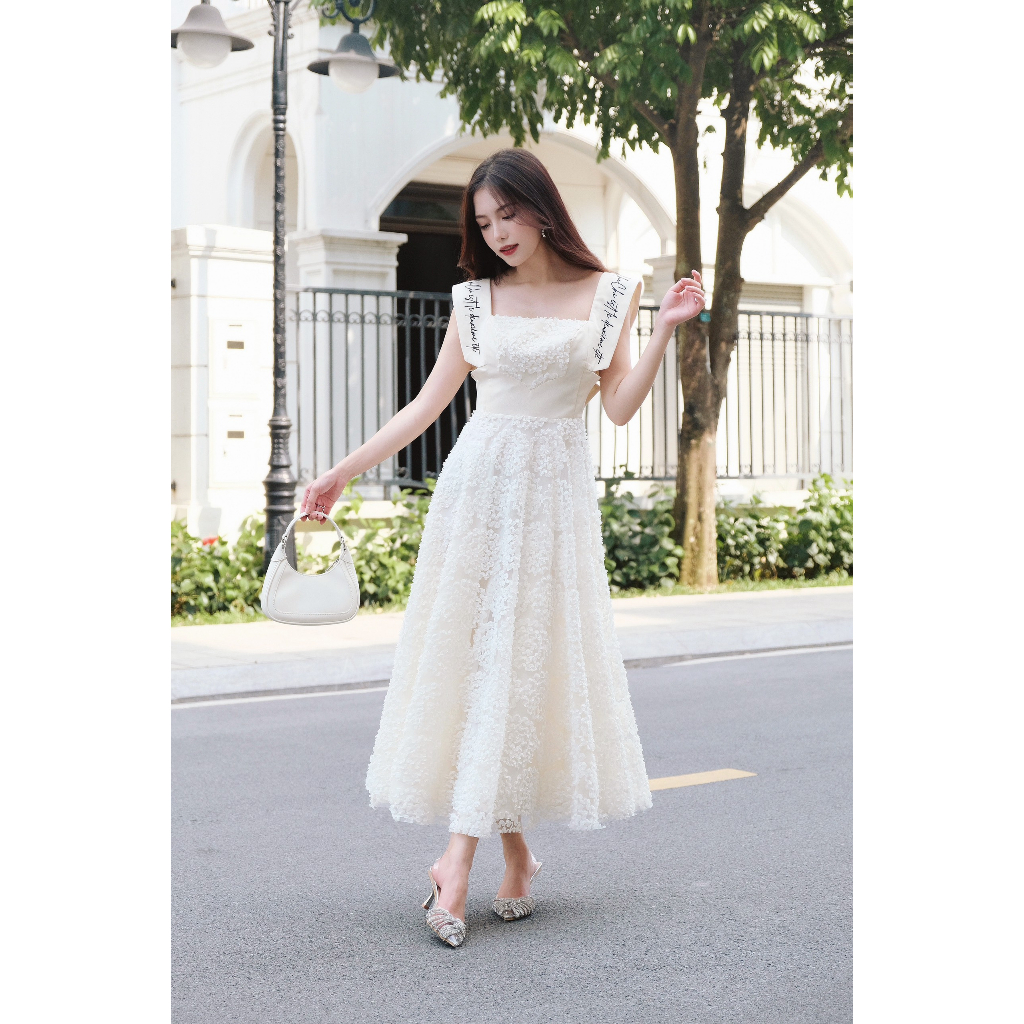 CHICHI - Váy Taffta gân gỗ phối ren hoa tú cầu Hortensia