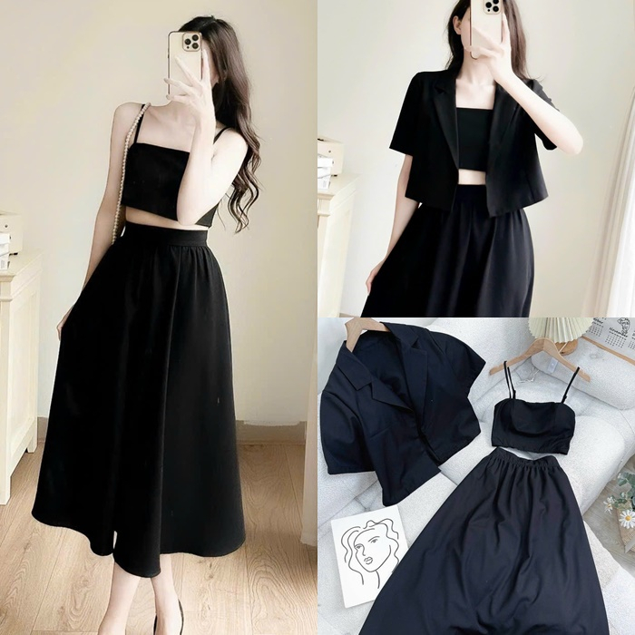 ĐẦM MIDI SUÔNG DÀI ĐEN TRƠN SET ÁO CROPTOP 2 DÂY LƯNG THUN + CHÂN VÁY XẾP LY + ÁO KHOÁC VEST BLAZER LỬNG ĐI TIỆC ĐI CHƠI