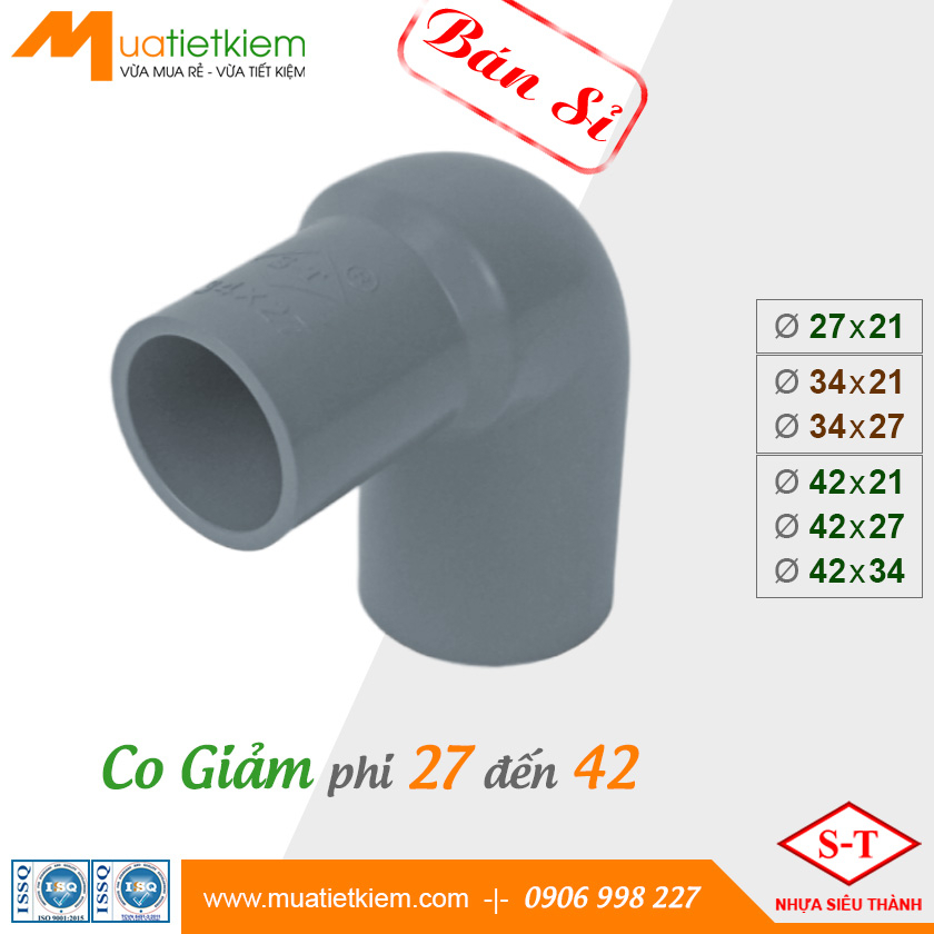 Co Giảm PVC phi 27x21, 34x21, 34x27, 42x21, 42x27, 42x34, phụ kiện uPVC nhựa Siêu Thành