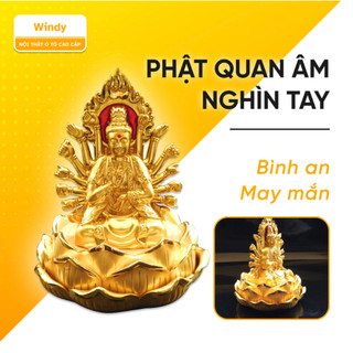 Tượng Phật Bà Quan Âm Nghìn Tay Hai Mặt Trang Trí Taplo Xe Hơi, Bàn Làm Việc Mạ Vàng