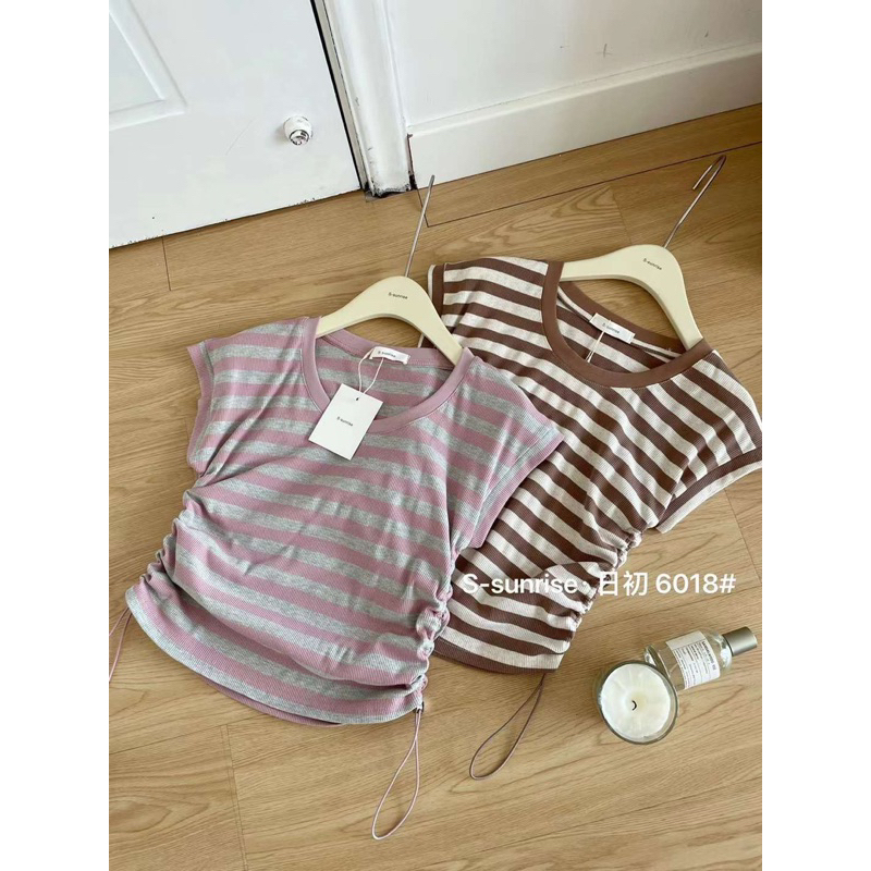 Áo thun tăm kẻ ngang rút dây tay hến - mã 6018 S-sunrise