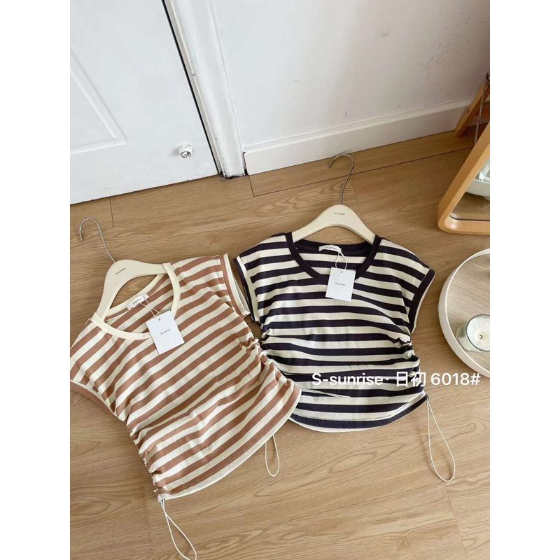 Áo thun tăm kẻ ngang rút dây tay hến - mã 6018 S-sunrise