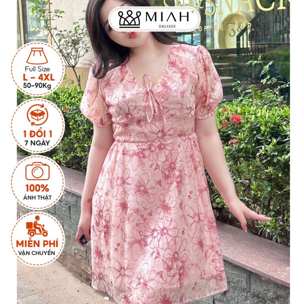 Đầm bigsize nữ váy thiết kế Mia voan lụa 2 lớp mịn mát hoa cổ tim màu hồng baby tay ngắn đi biển đi chơi MIAH BIGSIZE